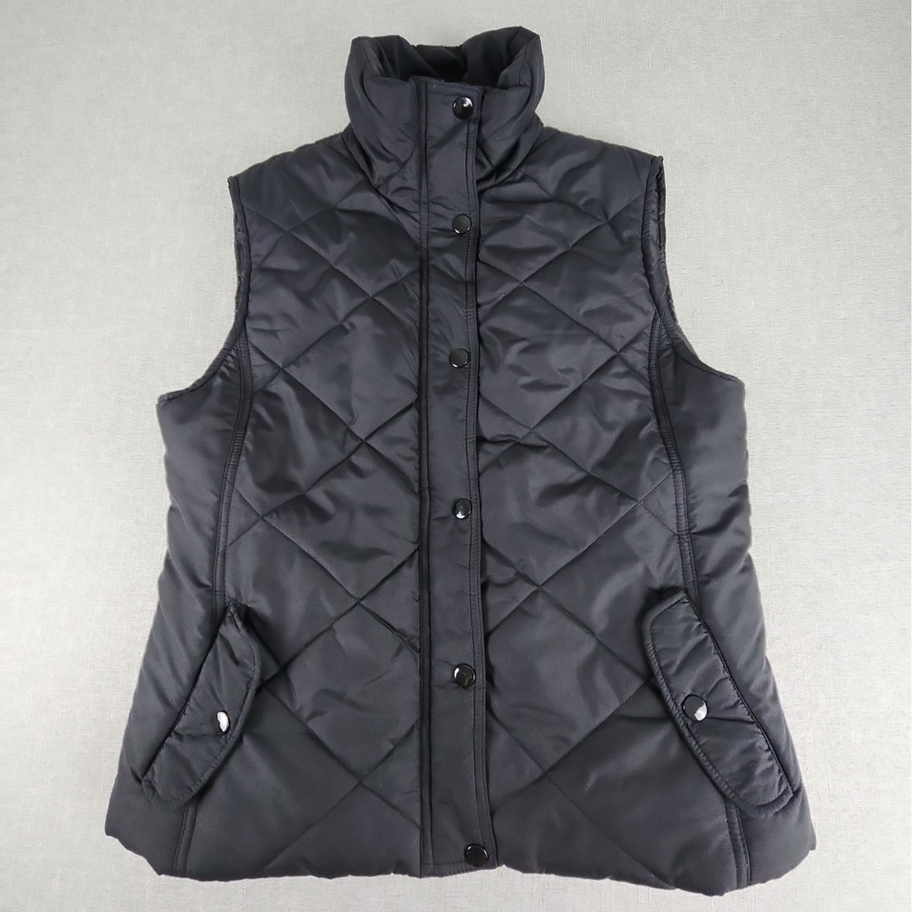 Geoffrey Beene Sport Womens Large Puffer Vest Black Full Zip Pockets Snaps EUC